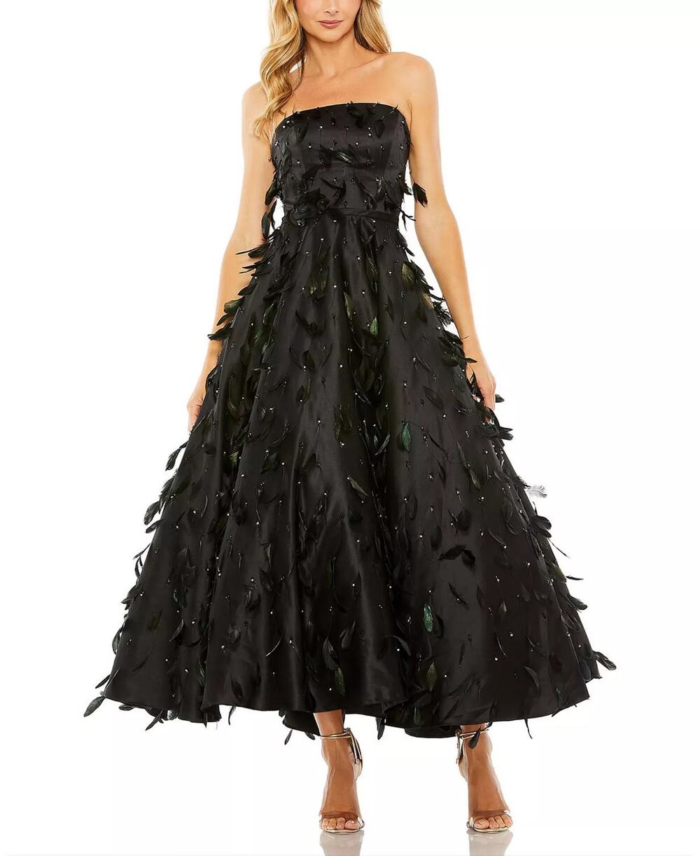 NWT Mac Duggal 11634 Strapless Feather Embellished Ball Gown Black 16 $998